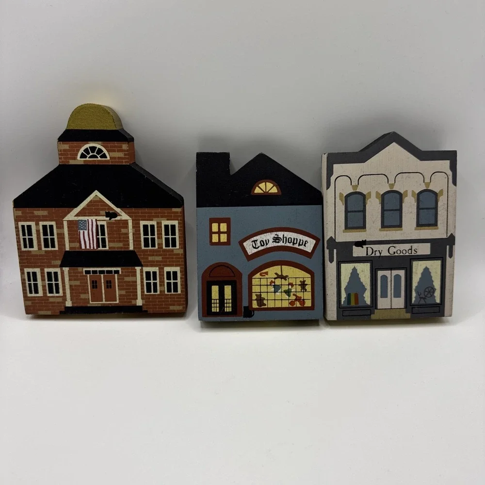 Lot 3 The Cats Meow 1985s Wood Shelf Sitter Toy Shoppe Dry Goods Store Town Hall